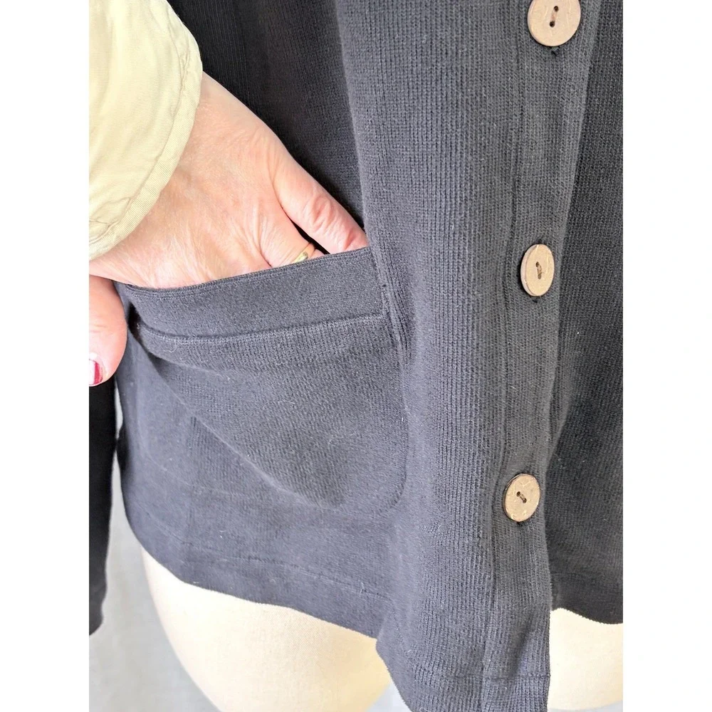 Tommy Bahama Womens Black Ribbed Knit Button Up‎ V-Neck Cardigan Sweater Pockets